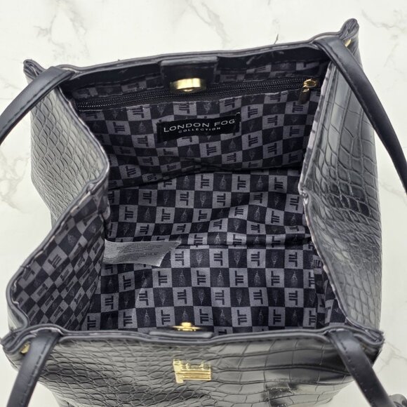 London Fog Crossbody Bag Coco Crocodile Embossed Black Vegan Leather Satchel - Picture 8 of 13